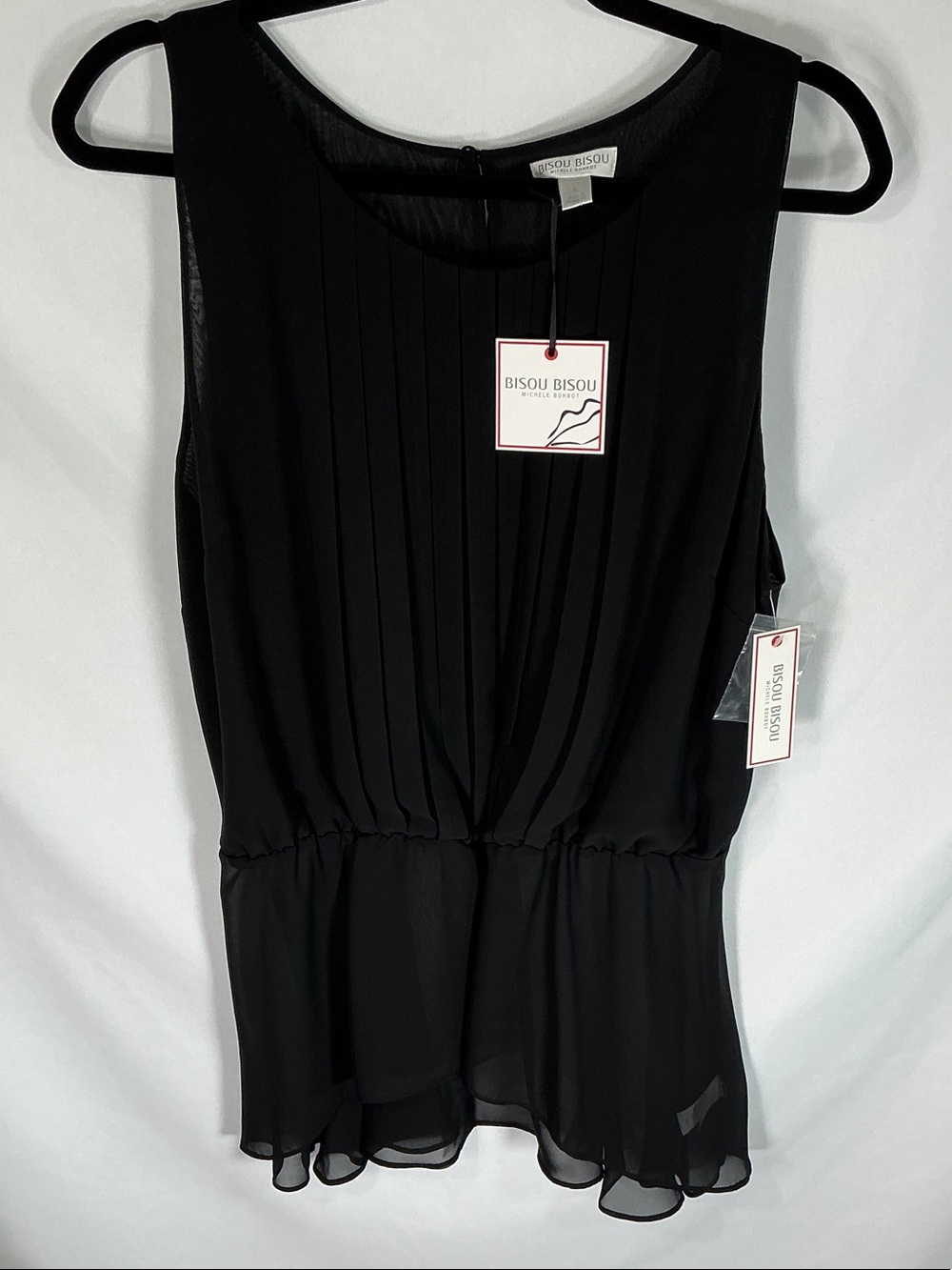 Bisou Bisou Black Sleeveless Pleated High-Low Blouse Size Large NWT